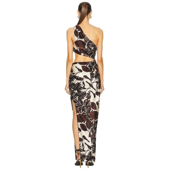 NICHOLAS Raya One Shoulder Asymmetrical Gown in Dark Chocolate Segovia Print 2 - Picture 4 of 16